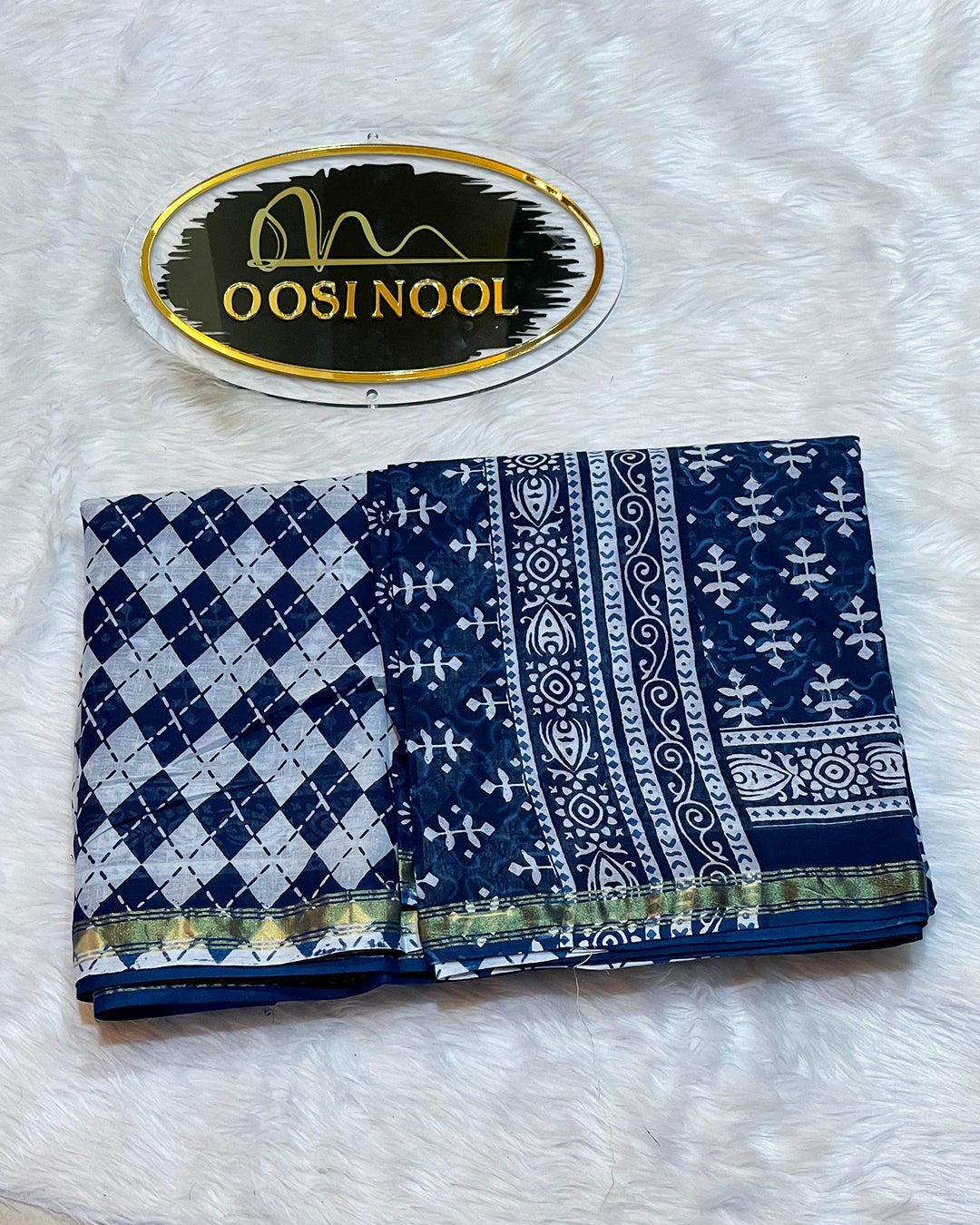 Ajrakh Print Cotton Saree (Indigo)