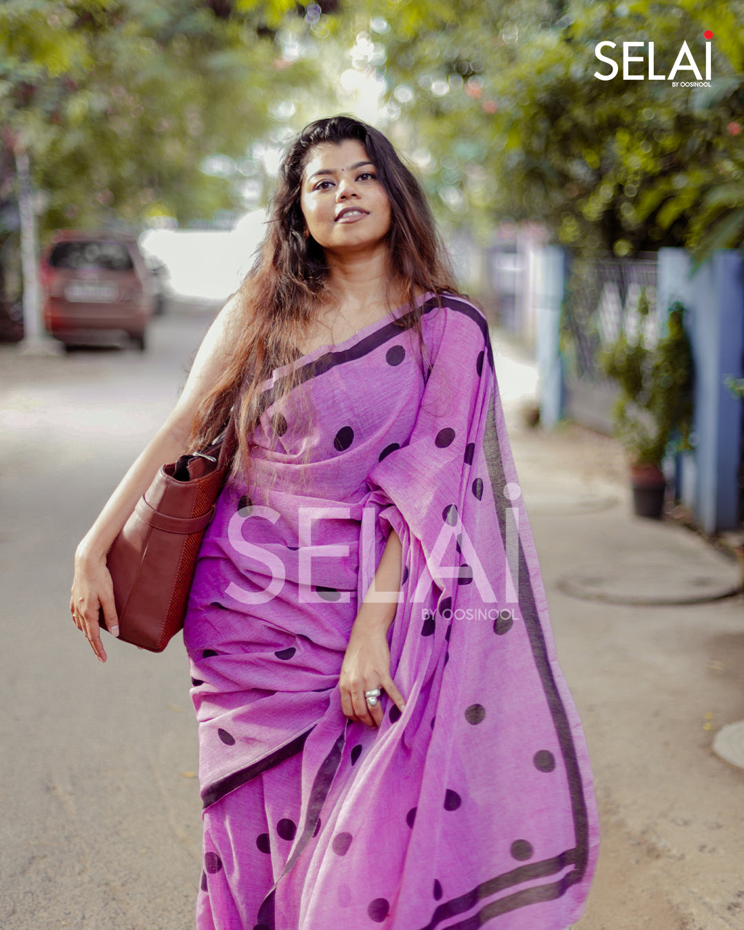 Polka Dot Mulmul Cotton Saree (Purple)