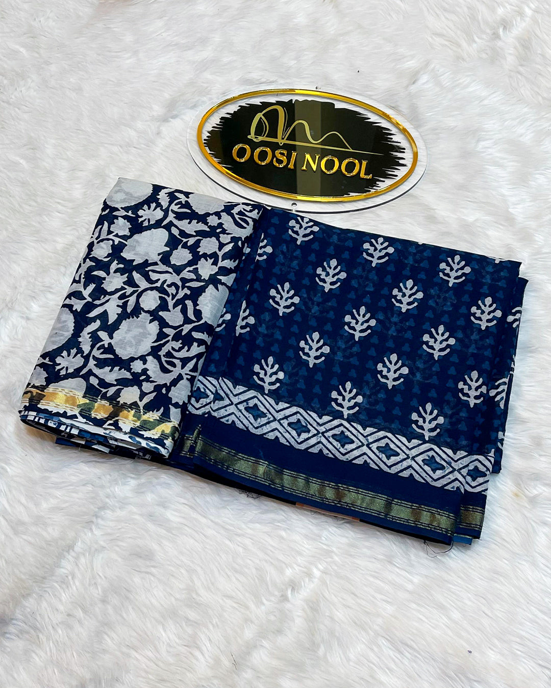 Ajrakh Print Cotton Saree (Indigo)