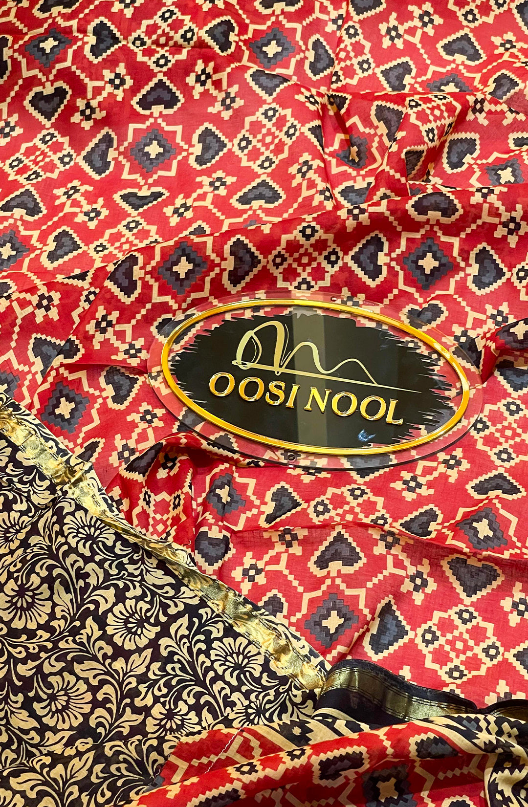 Ajrakh Print Cotton Saree (Red with Black)