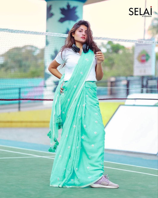 Embroidered Mulmul Cotton Saree (Mint Green)