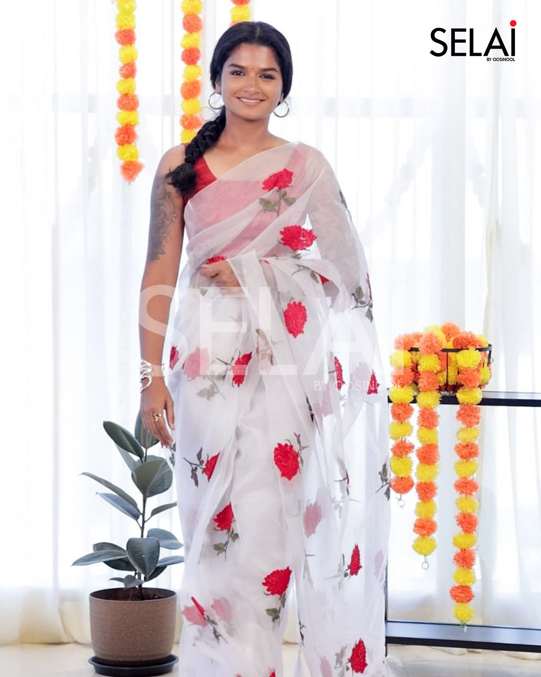 Embroidered Rose Organza Saree