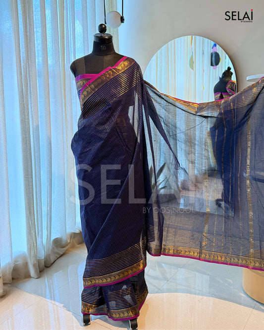 Vaira Oosi Cotton Saree (Navy & Gold)