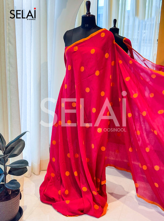 Polka Dot Mulmul Cotton Saree (Red with Yellow)