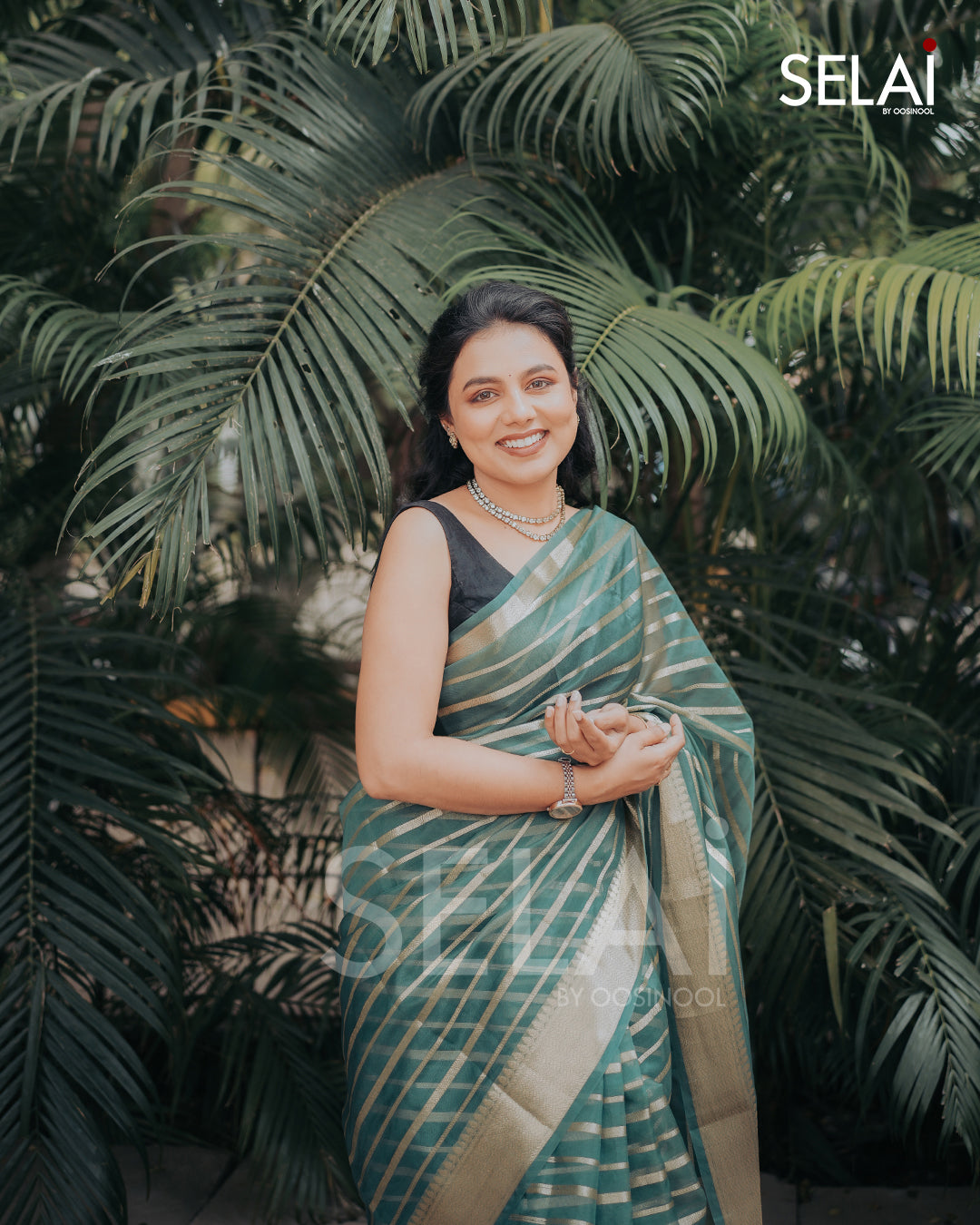 Zari striped Tissue Ready to Wear Saree (Green)