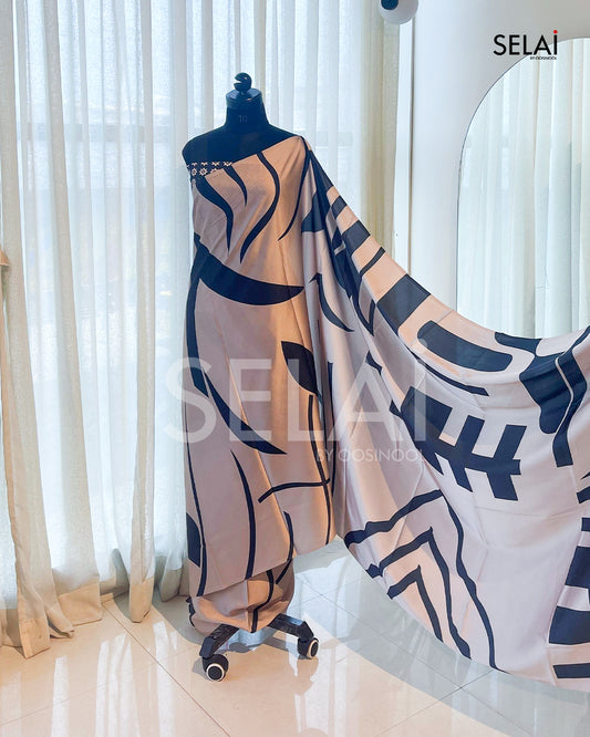 Printed Satin Saree (Champagne)