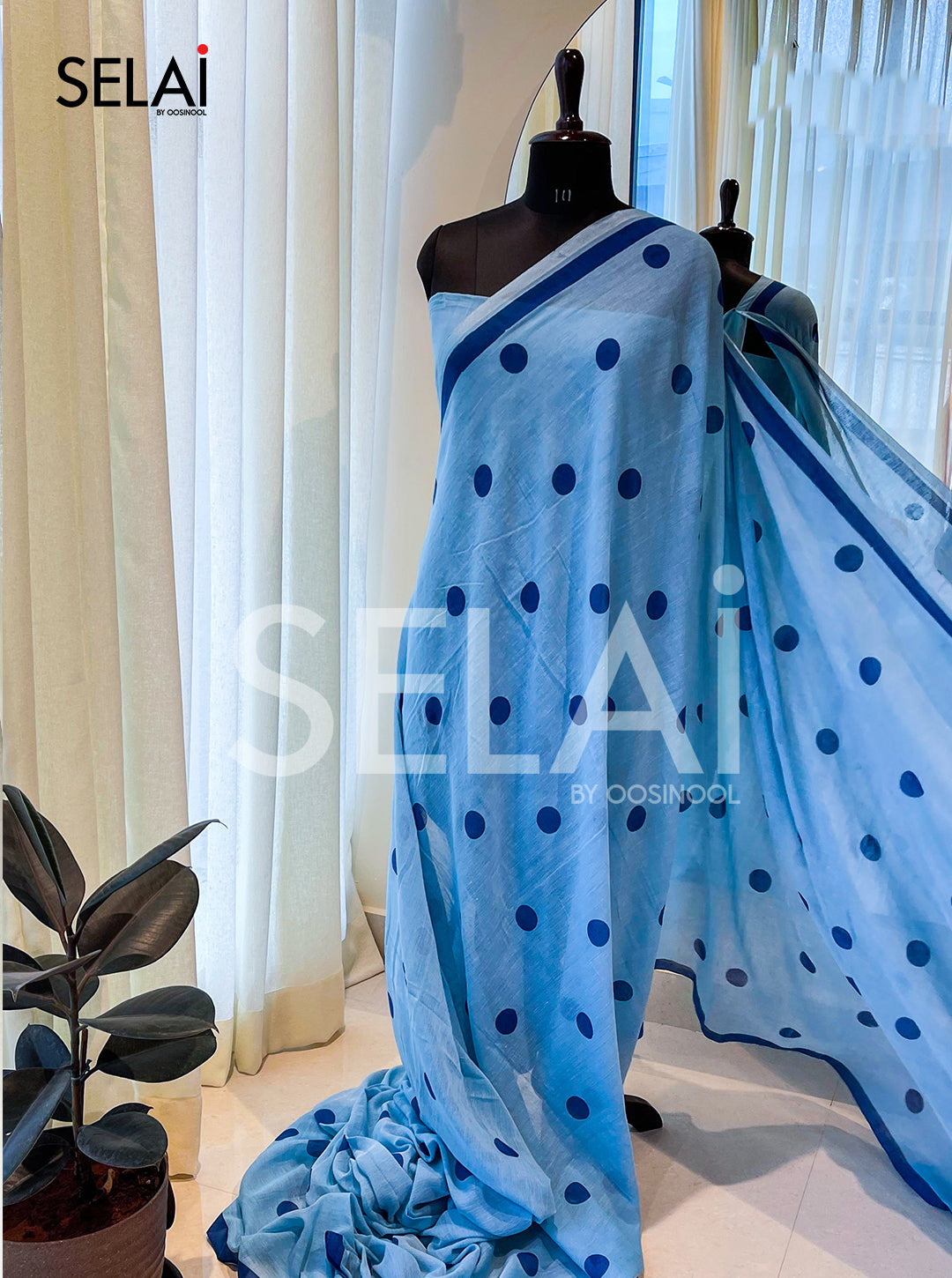 Polka Dot Mulmul Cotton Saree (Blue)