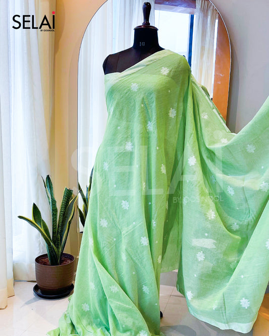 Diamond Mulmul Cotton Saree (Green)