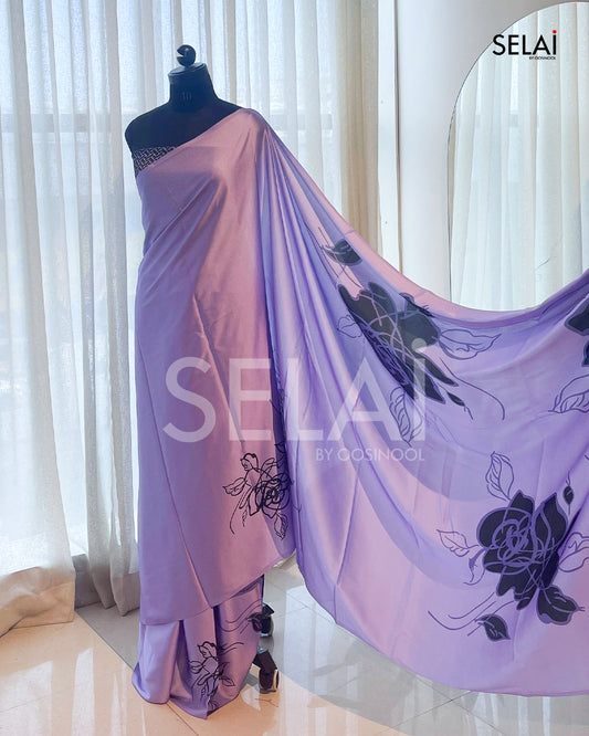 Printed Satin Saree (Lavender)