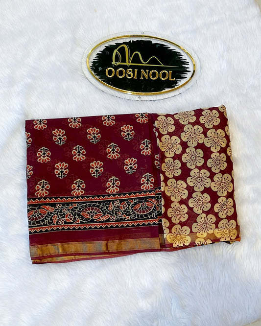 Ajrakh Print Cotton Saree (Maroon)