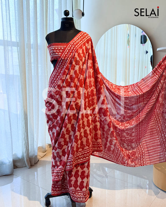 Rust Bagru Cotton Saree