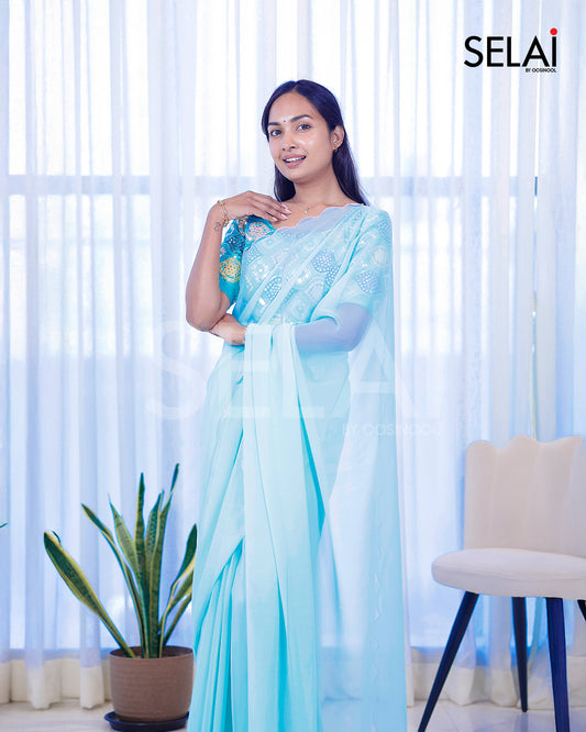 Georgette Scallop Saree (Blue)