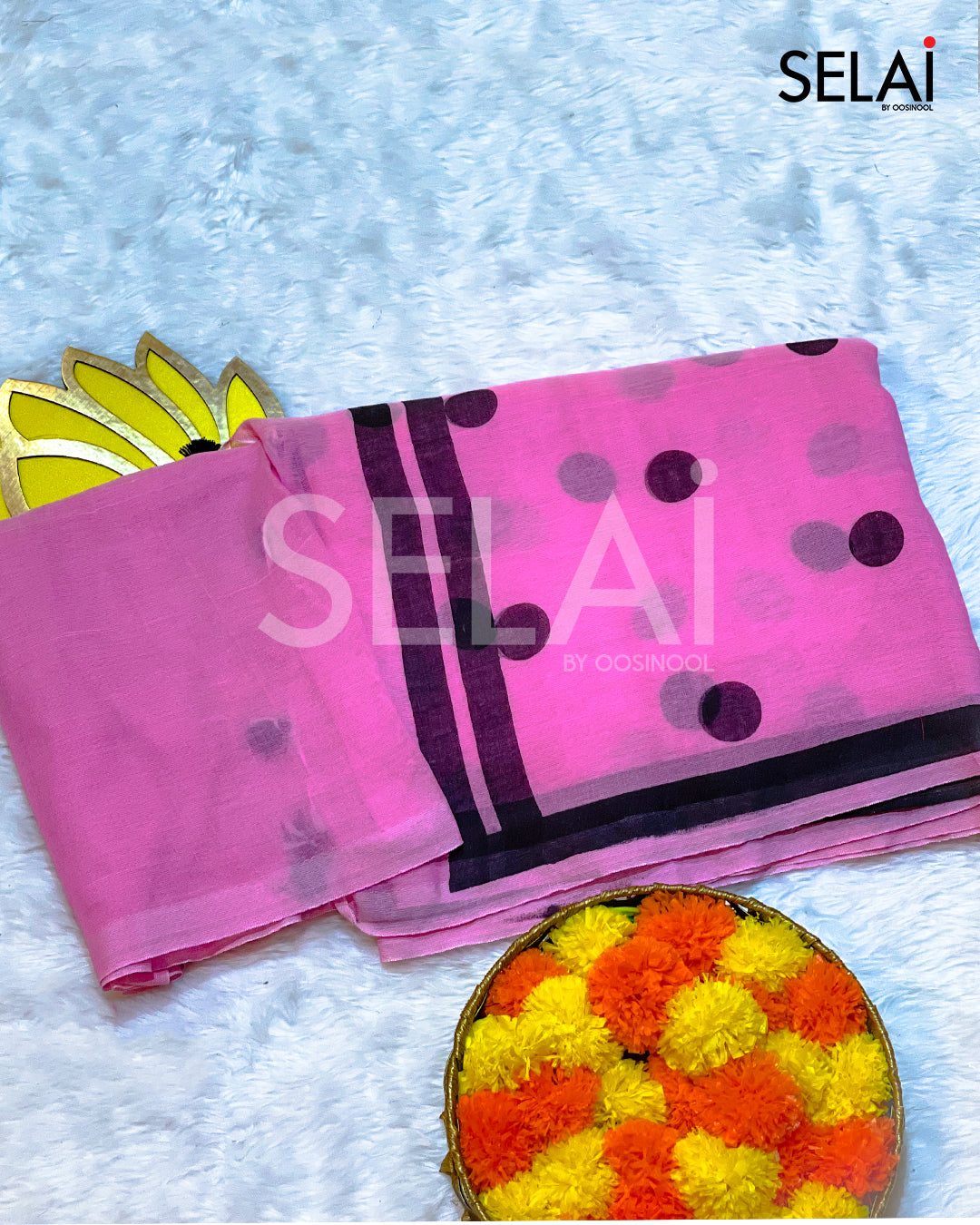 Polka Dot Mulmul Cotton Saree (Pink)