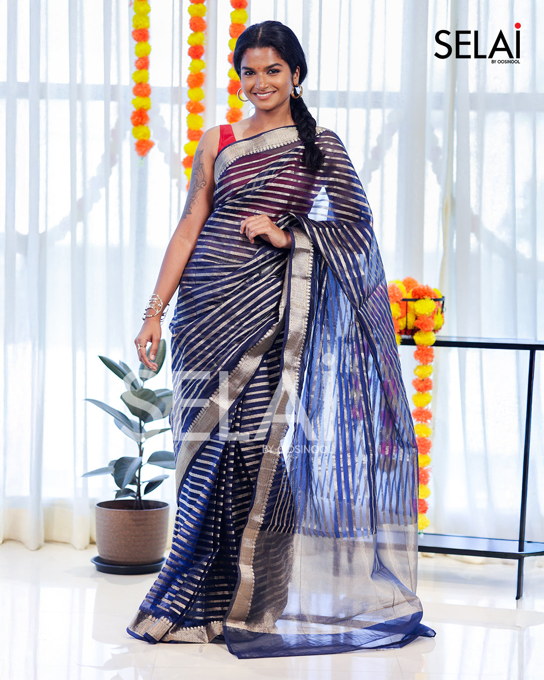 Zari striped Tissue Ready to Wear Saree (Navy)