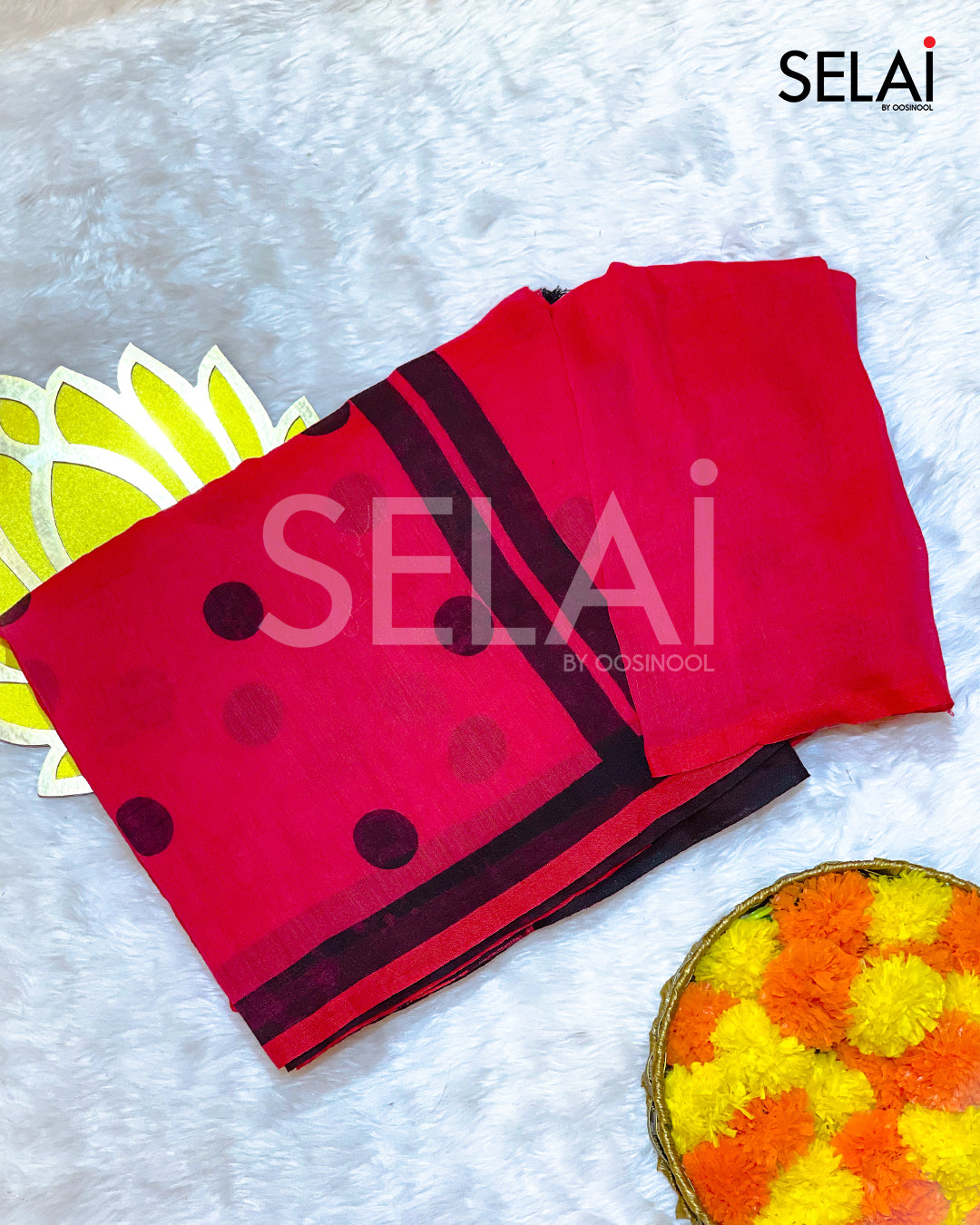 Polka Dot Mulmul Cotton Saree (Red with Black)