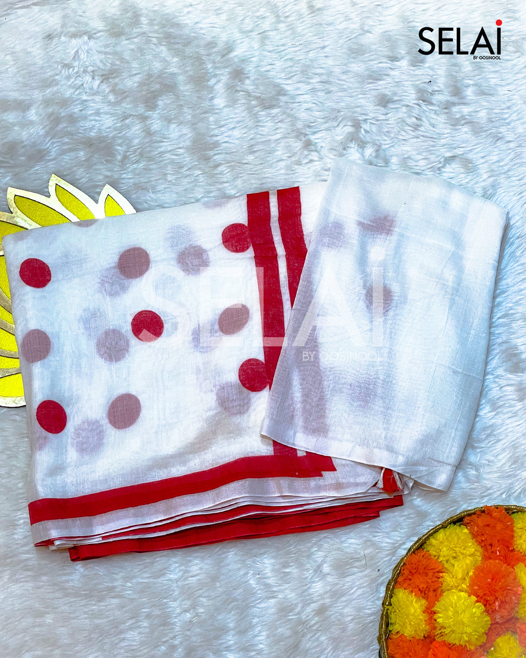 Polka Dot Mulmul Cotton Saree (White with Red)