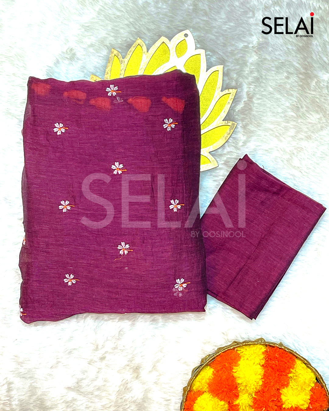 Embroidered Mulmul Cotton Saree (Violet)