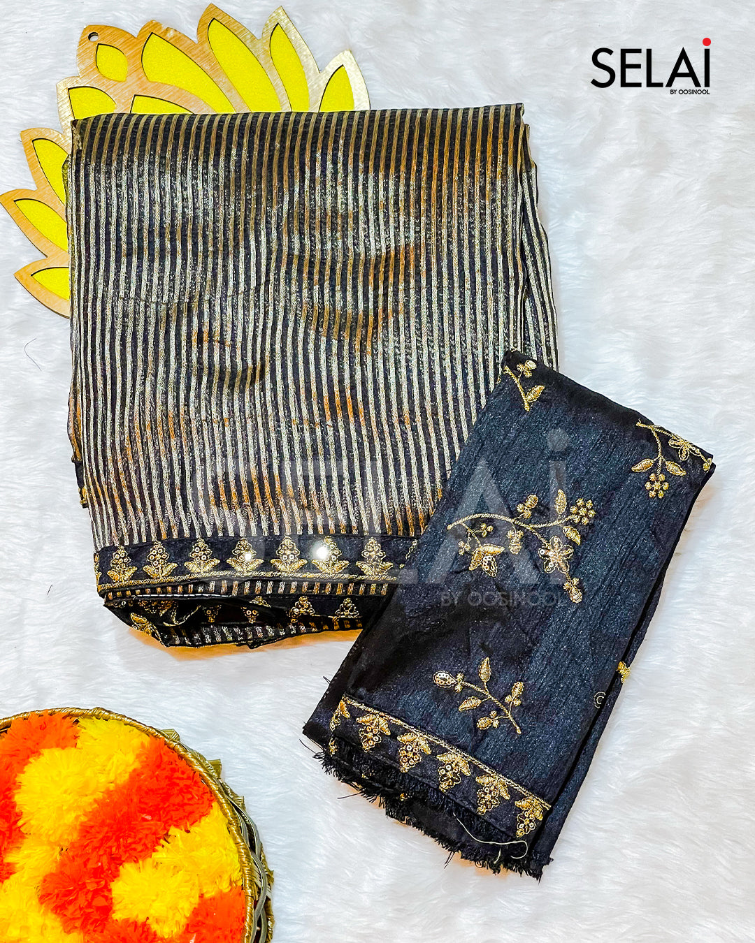 Black and gold stripe Organza Saree