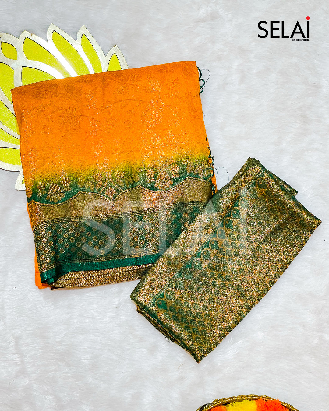 Floral Semi Silk Saree (Orange with green)