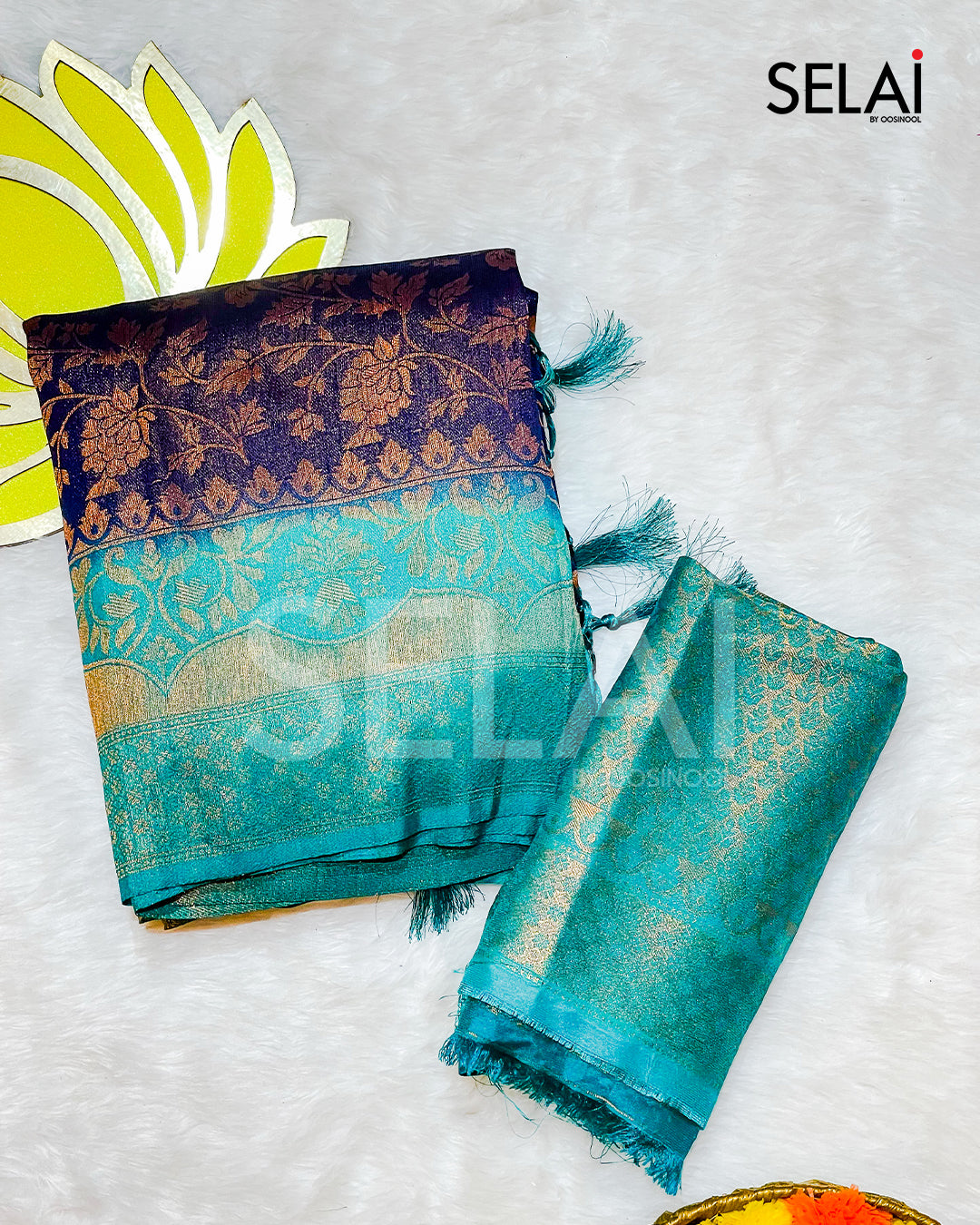 Floral Contrast border Semi Silk Saree (Navy)