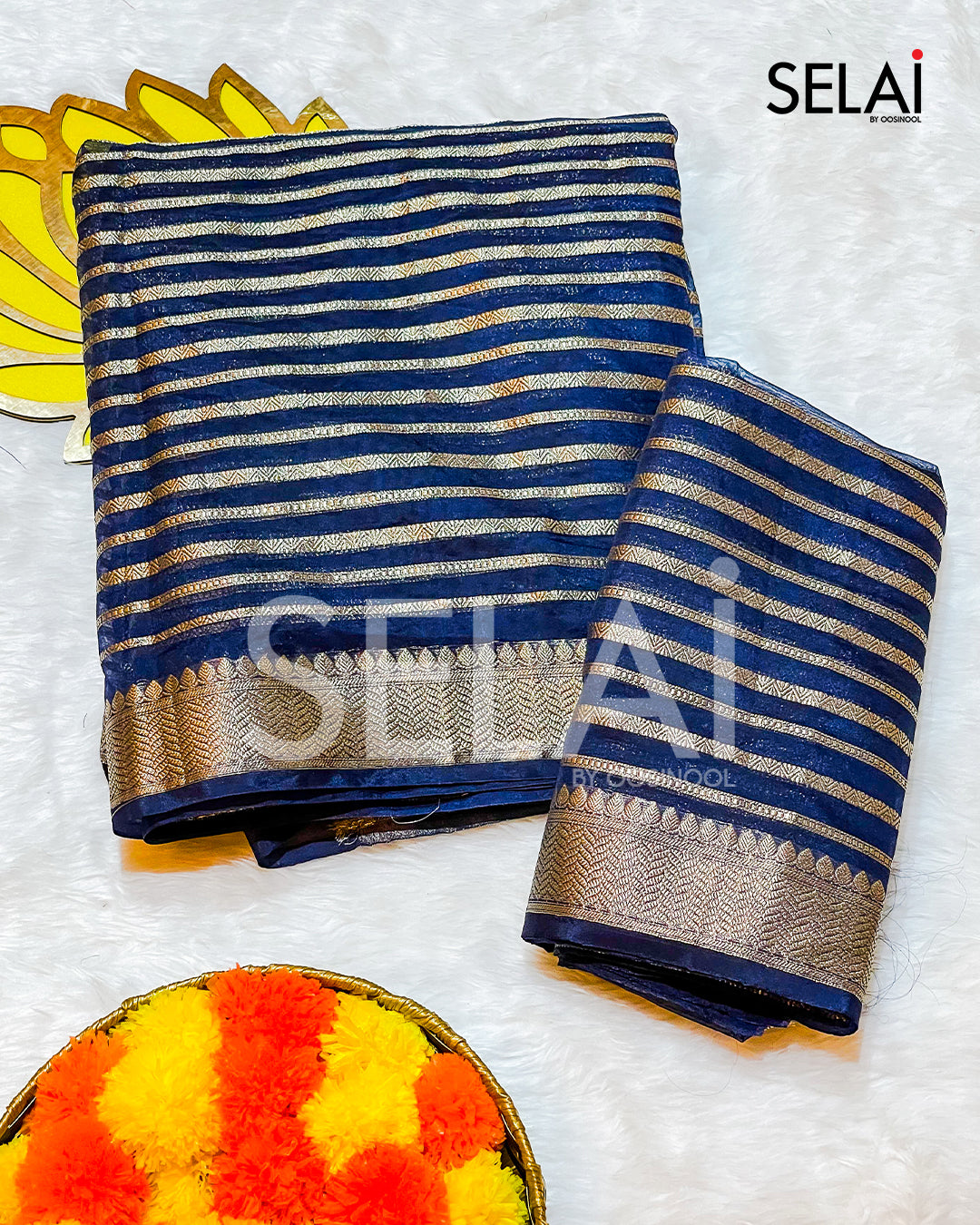 Zari striped Tissue Ready to Wear Saree (Navy)