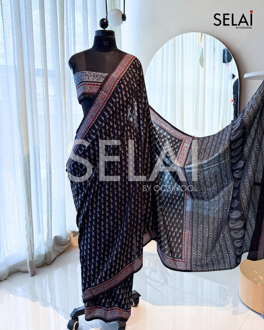 Black & Grey Printed Cotton Saree