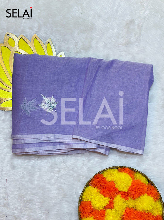 Mapel Leaf Embroidery Mulmul Cotton Saree (Lavender)