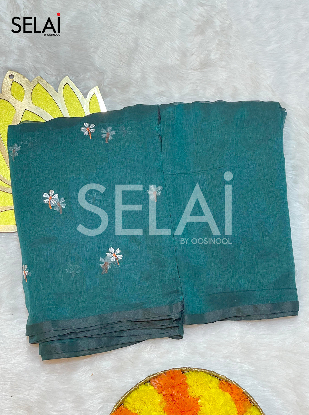 Embroidered Mulmul Cotton Saree (Bottle Green)