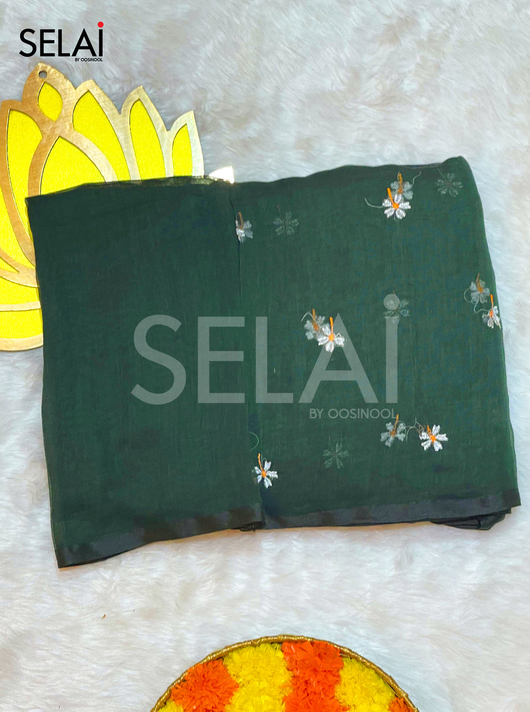 Embroidered Mulmul Cotton Saree (Green)