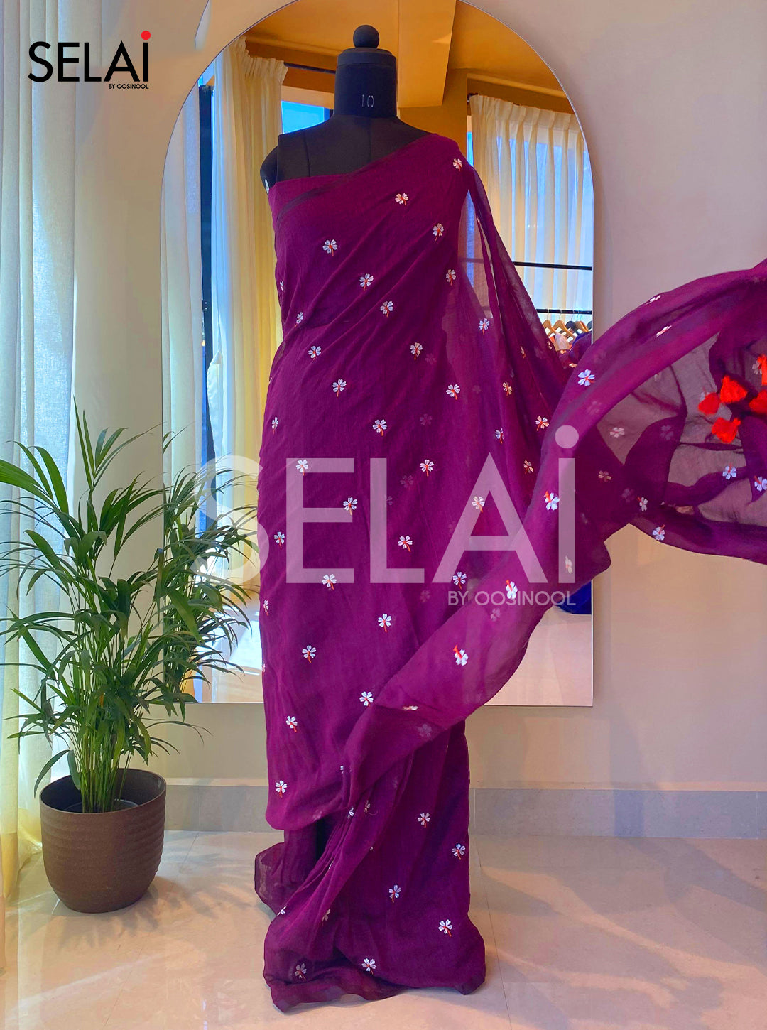 Embroidered Mulmul Cotton Saree (Violet)