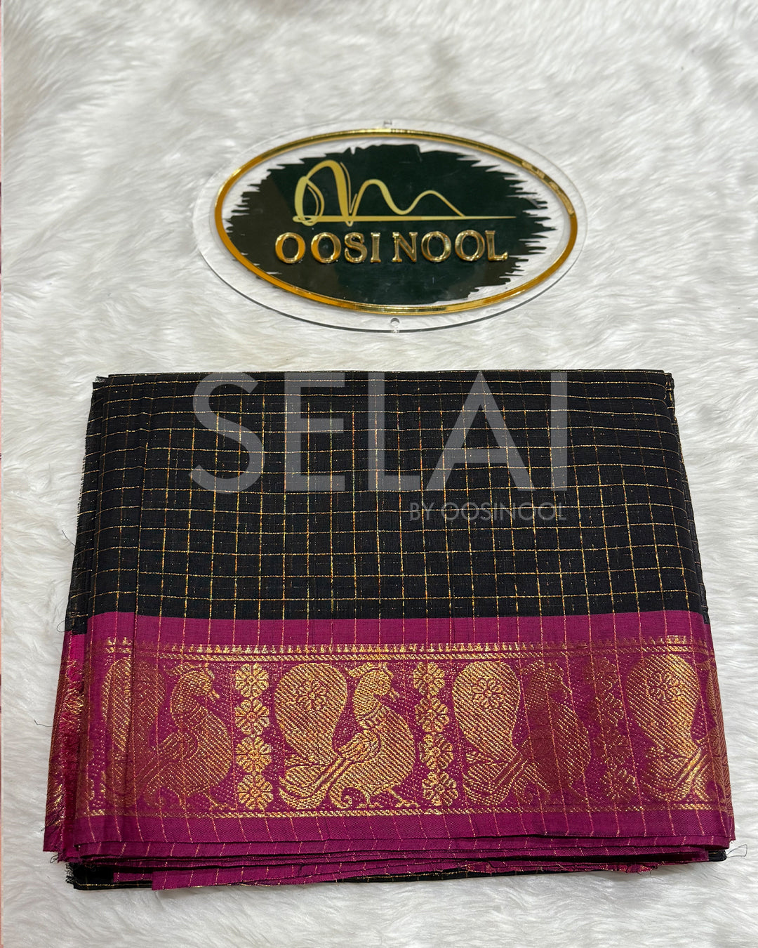 Checked Chettinad Cotton Saree (Black with Pink Border)
