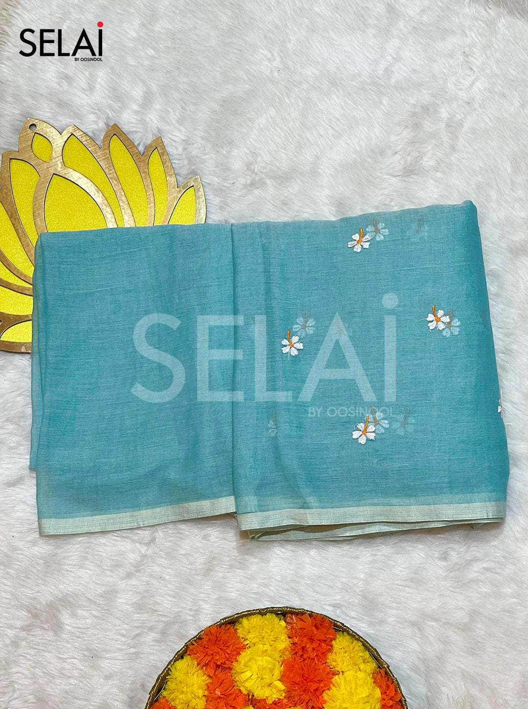 Embroidered Mulmul Cotton Saree (Teal)