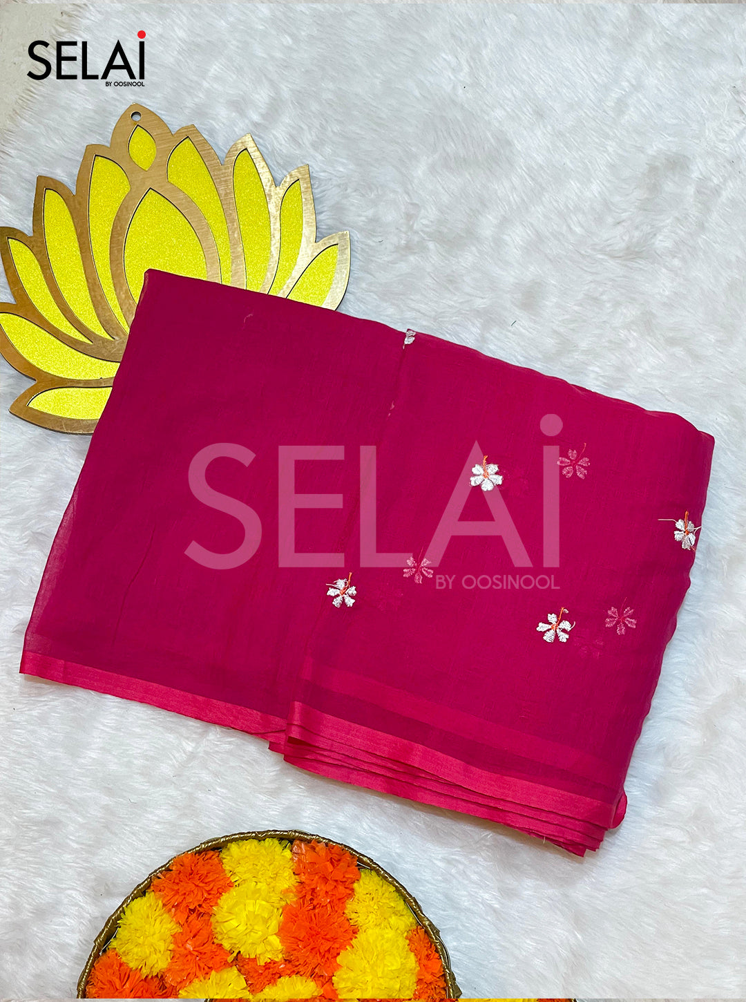 Embroidered Mulmul Cotton Saree (Rani Pink)