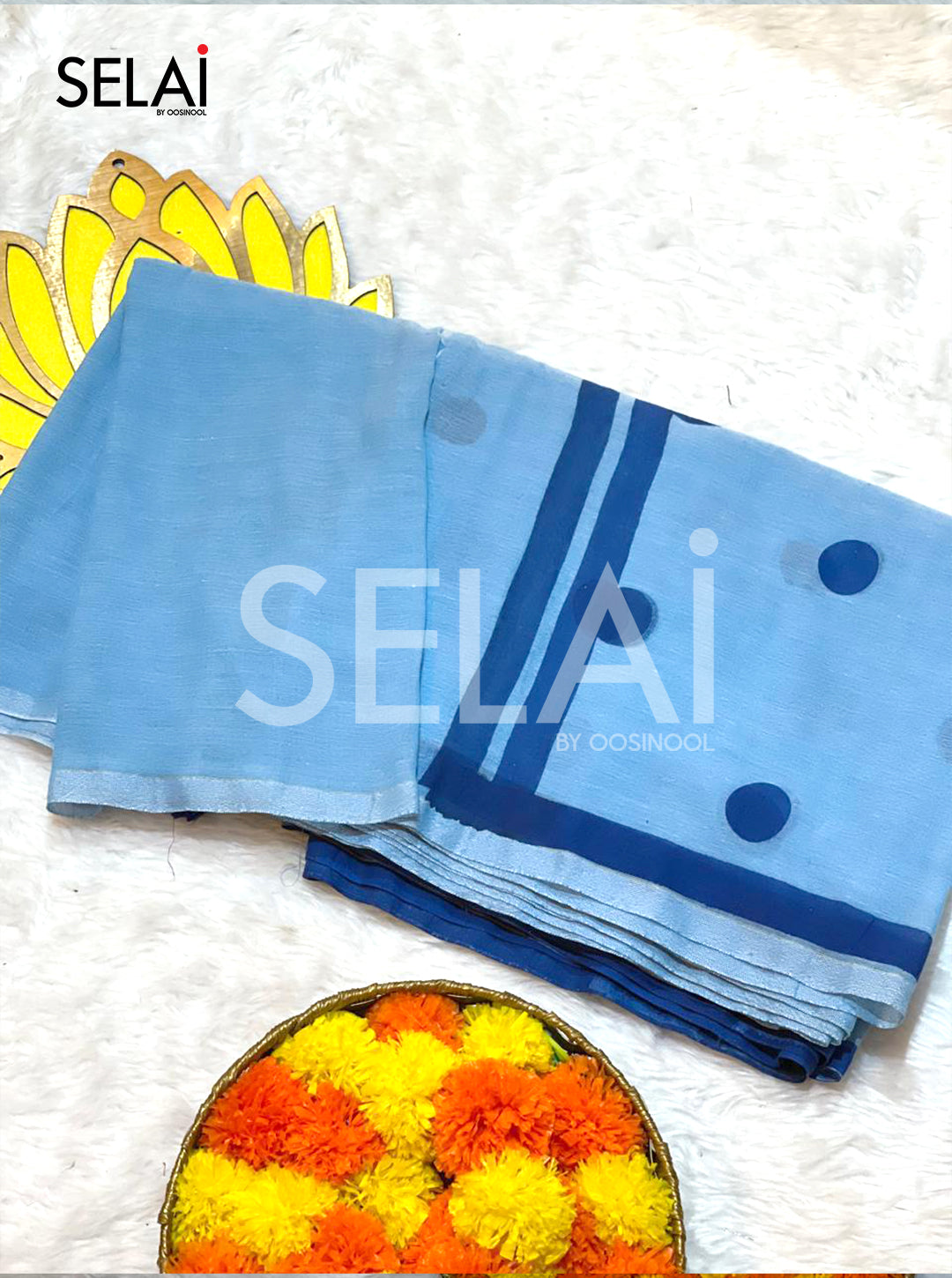 Polka Dot Mulmul Cotton Saree (Blue)