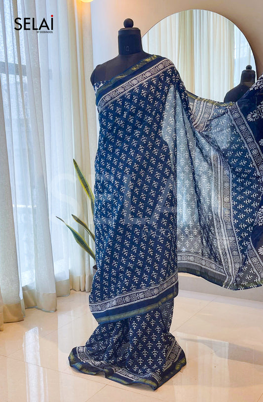 Ajrakh Print Cotton Saree (Indigo)