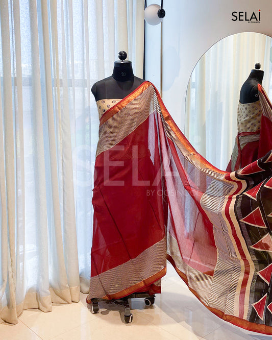 Red Chanderi Cotton Saree with Beige Border