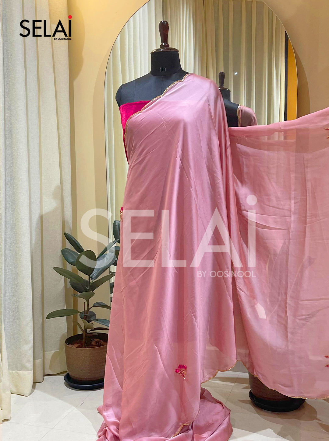 Semi silk satin With embroidered bead work (Pink)