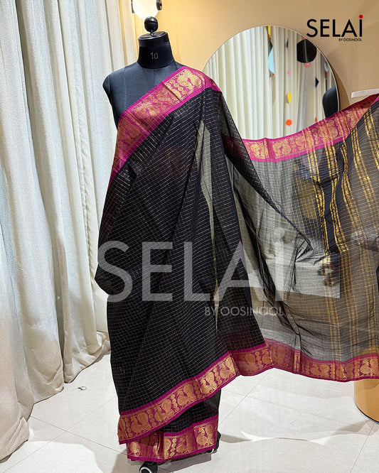 Checked Chettinad Cotton Saree (Black with Pink Border)