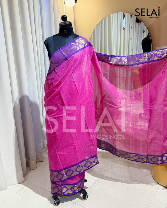 Checked Chettinad Cotton Saree (Pink & Purple Border)