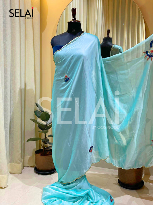 Semi silk satin With embroidered bead work (Aqua Blue)