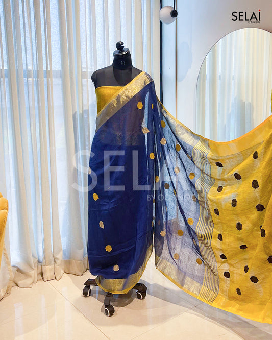 Jute Cotton Saree (Blue with Yellow)