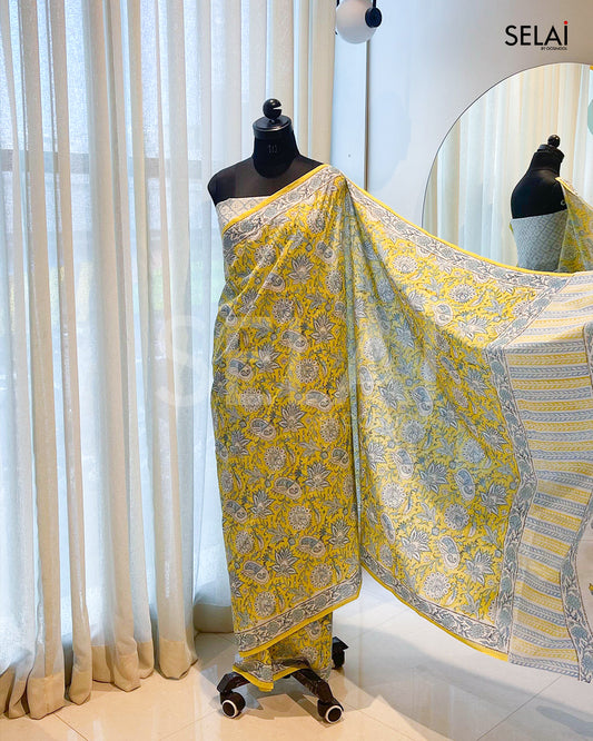Ajrakh Print Mulmul Cotton Saree (Yellow & Blue)