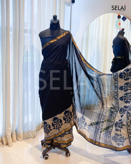 Black Chanderi Cotton Saree with Blue Border
