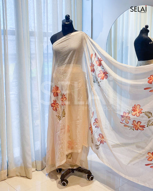 Floral Mulmul Cotton Saree (Beige)