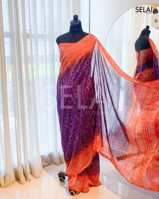 Purple Chanderi Cotton Saree with Orange Border
