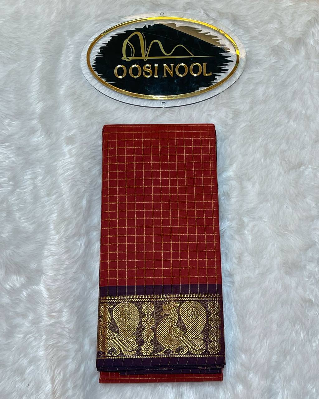 Checked Chettinad Cotton Saree (Dark Orange with Wine Border)