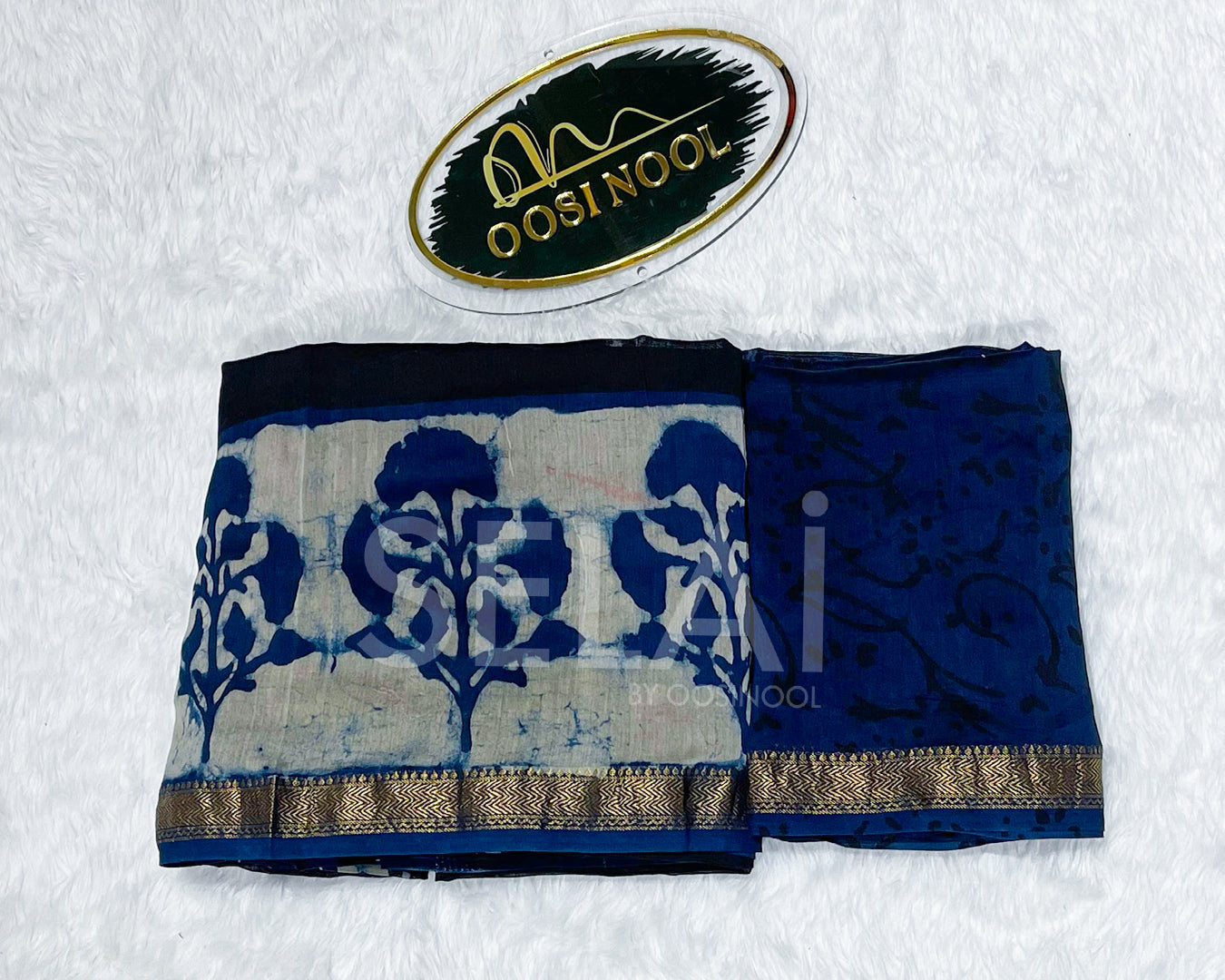 Black Chanderi Cotton Saree with Blue Border