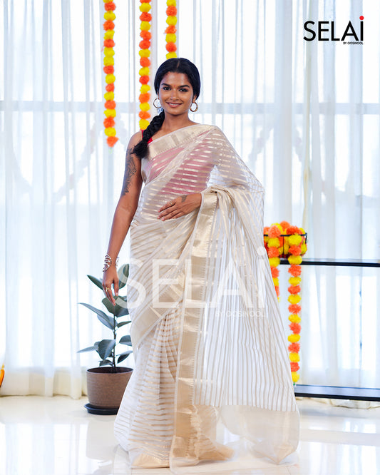 Zari striped Tissue Ready to Wear Saree (White)