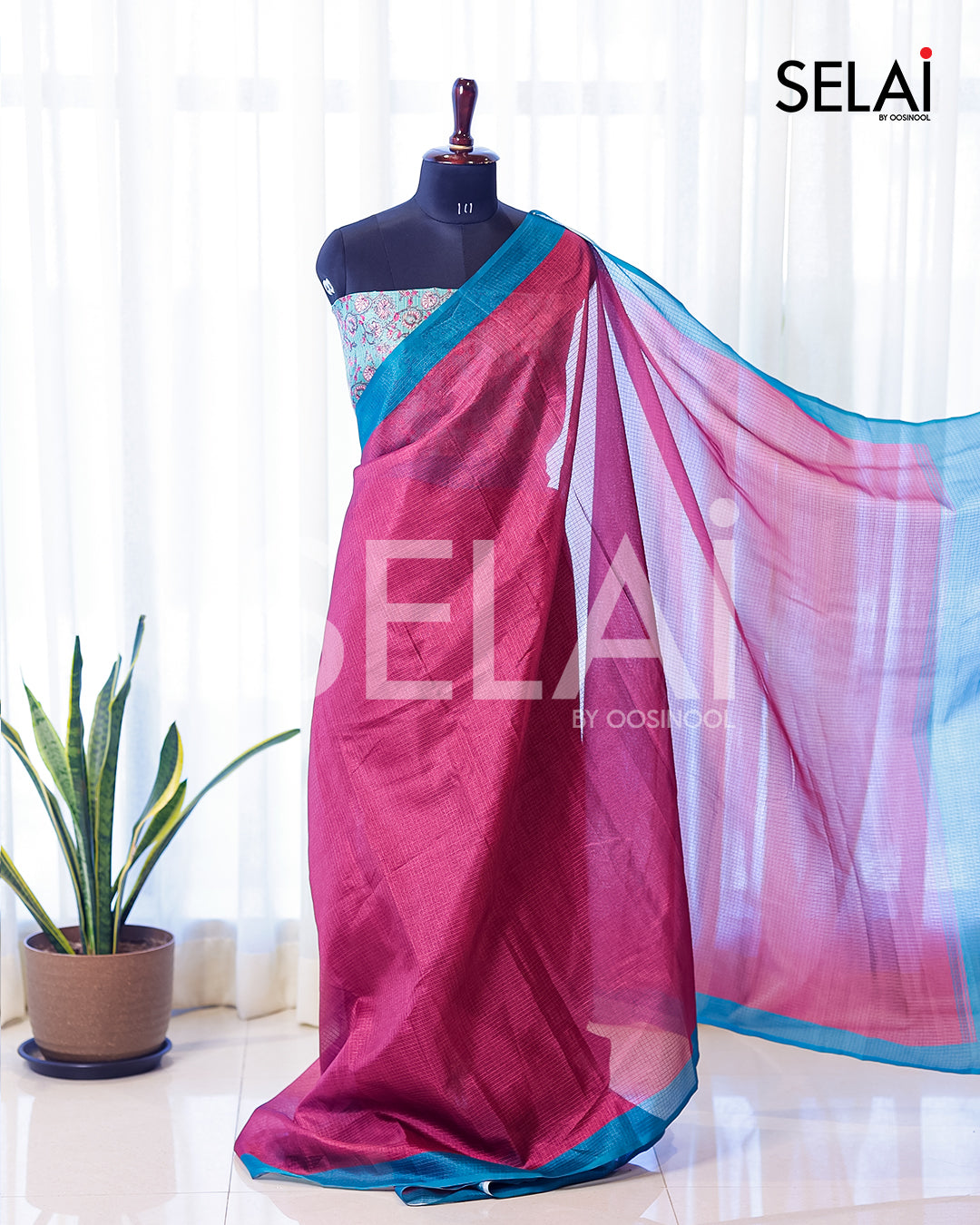 Kota Cotton Saree (Pink with Blue border)