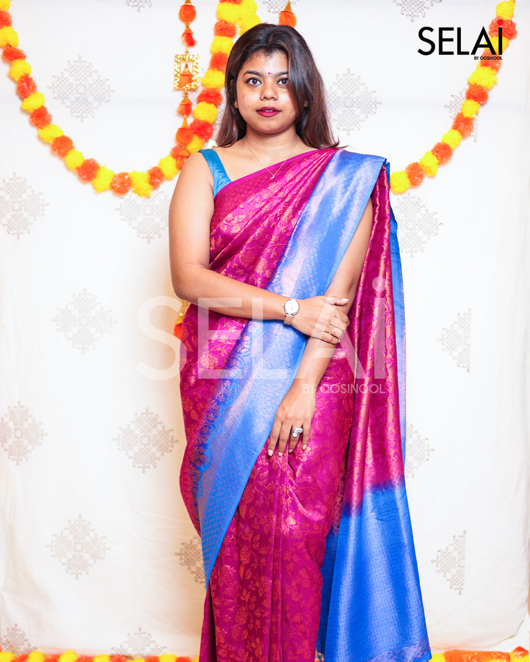 Floral Contrast border Semi Silk Saree (Purple)